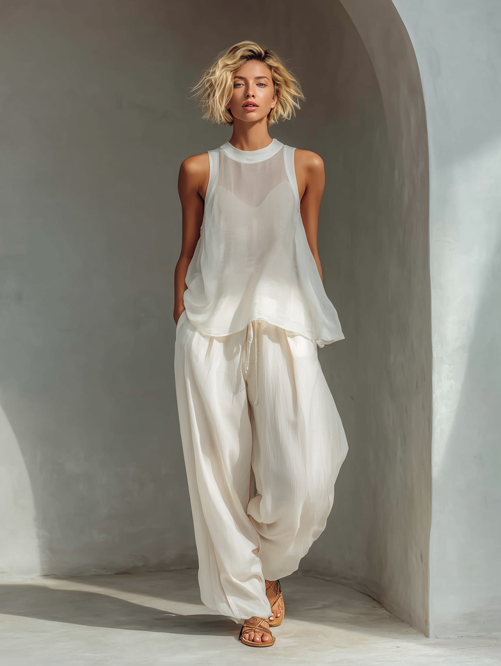 Olivian - Set Composto da top senza maniche in chiffon e pantaloni a gamba larga
