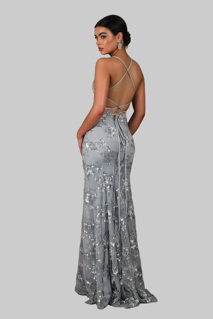 Ayela - Abito Lungo Con Scollo a V e Lacci Sul Retro Decorato Con Paillettes