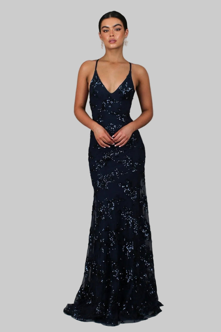 Ayela - Abito Lungo Con Scollo a V e Lacci Sul Retro Decorato Con Paillettes