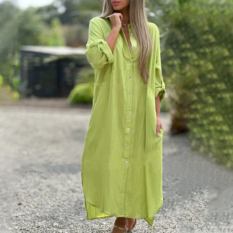 Alaina - Abito Casuale in Lino Con Bottoni Frontali