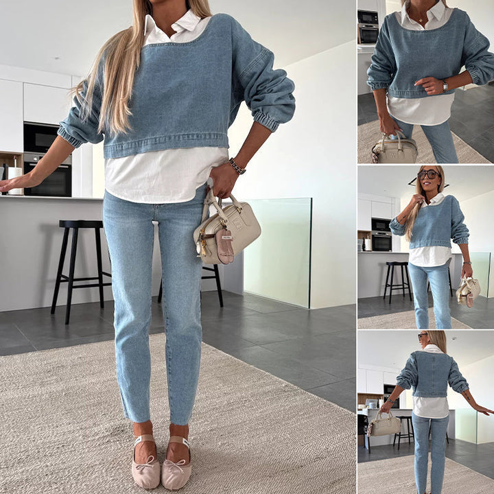 Nadira - Completo Pantaloni e Top in Denim a Maniche Lunghe