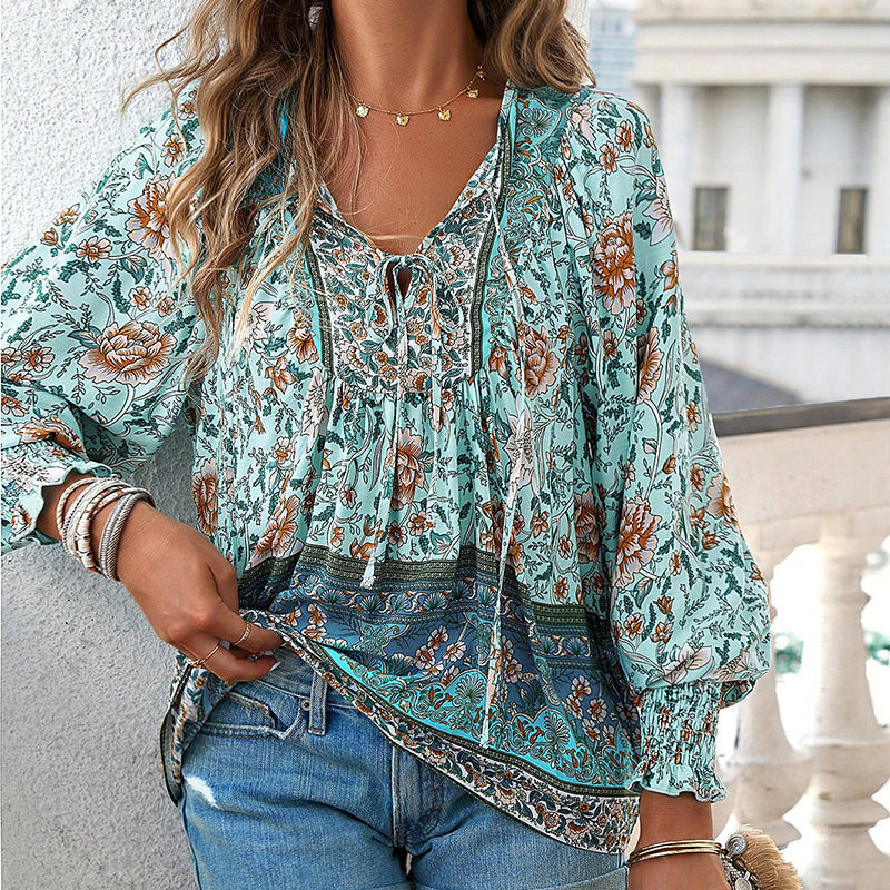 Katia - Camicia Alla Moda Con Scollo a V e Maniche lunghe Stampata