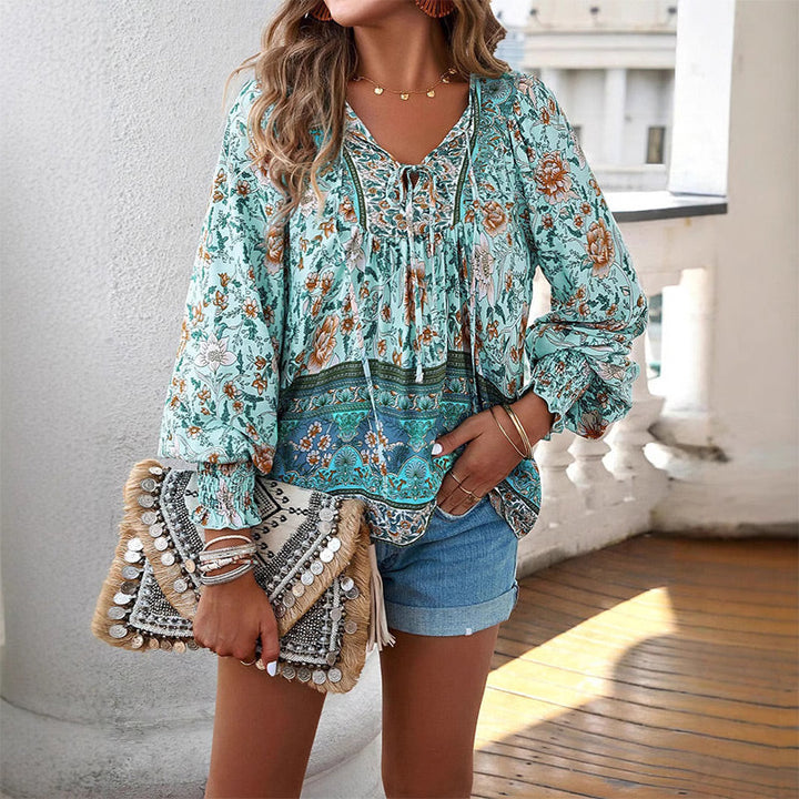 Katia - Camicia Alla Moda Con Scollo a V e Maniche lunghe Stampata