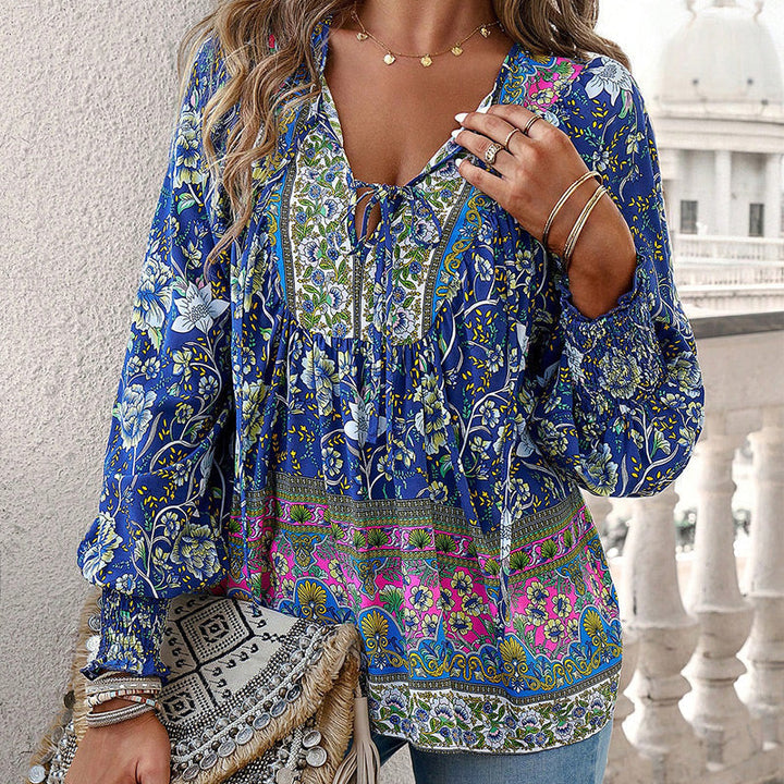 Katia - Camicia Alla Moda Con Scollo a V e Maniche lunghe Stampata