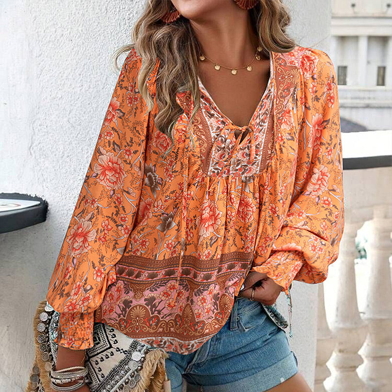 Katia - Camicia Alla Moda Con Scollo a V e Maniche lunghe Stampata