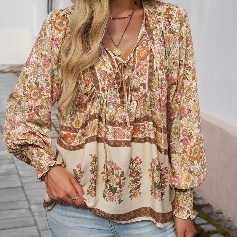 Katia - Camicia Alla Moda Con Scollo a V e Maniche lunghe Stampata