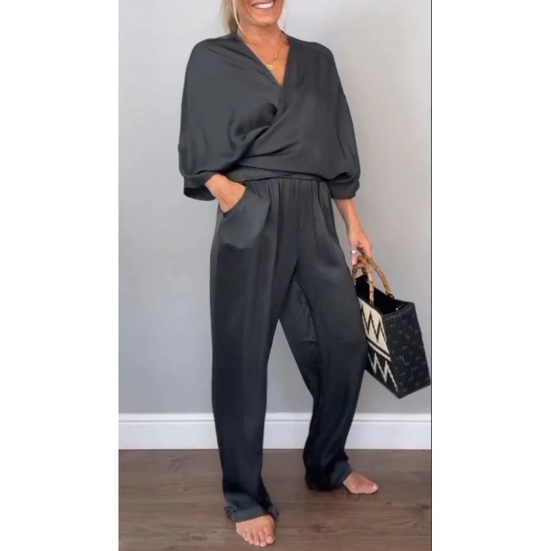 Samira - Top Con Scollo a V e Pantaloni in Cotone Mercerizzato