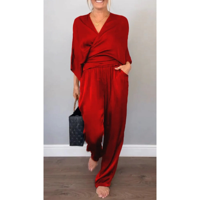 Samira - Top Con Scollo a V e Pantaloni in Cotone Mercerizzato