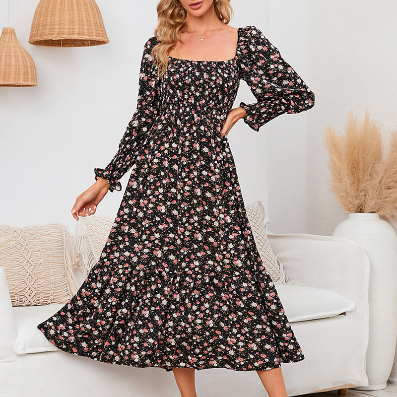 Vasilya - Abito Elegante con Maniche Svasate e Motivo Floreale