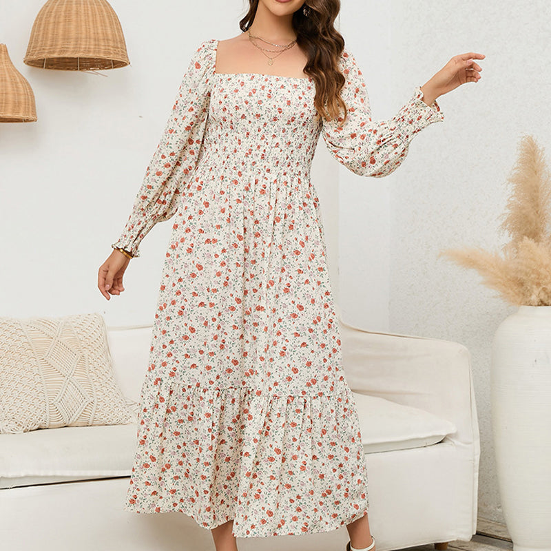 Vasilya - Abito Elegante con Maniche Svasate e Motivo Floreale