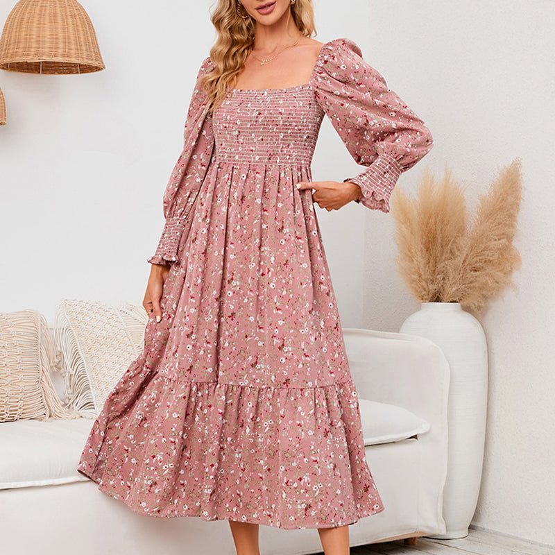 Vasilya - Abito Elegante con Maniche Svasate e Motivo Floreale