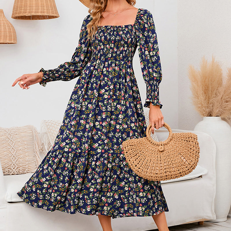Vasilya - Abito Elegante con Maniche Svasate e Motivo Floreale