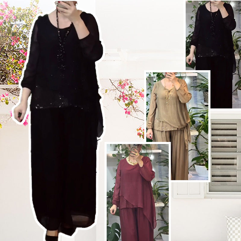 Quirinia - Completo con Blusa con Paillettes e Pantaloni a Gamba Larga