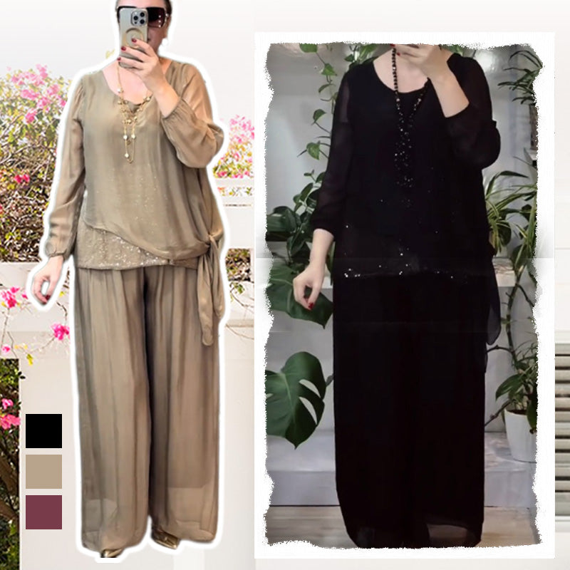 Quirinia - Completo con Blusa con Paillettes e Pantaloni a Gamba Larga