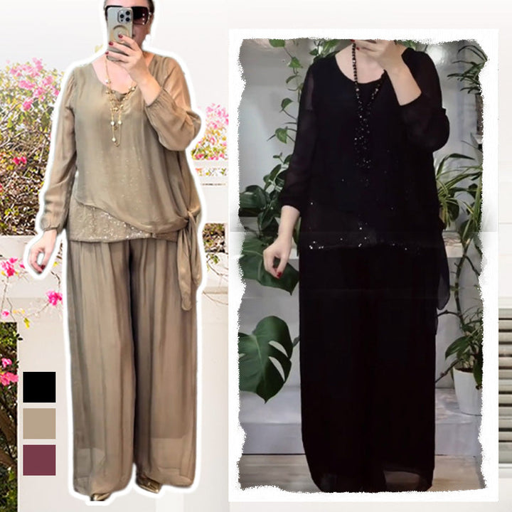 Quirinia - Completo con Blusa con Paillettes e Pantaloni a Gamba Larga