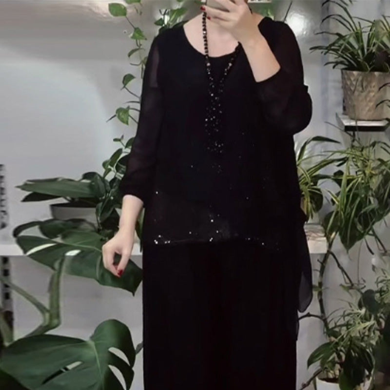 Quirinia - Completo con Blusa con Paillettes e Pantaloni a Gamba Larga