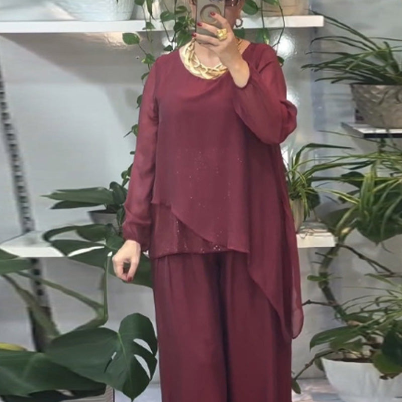 Quirinia - Completo con Blusa con Paillettes e Pantaloni a Gamba Larga