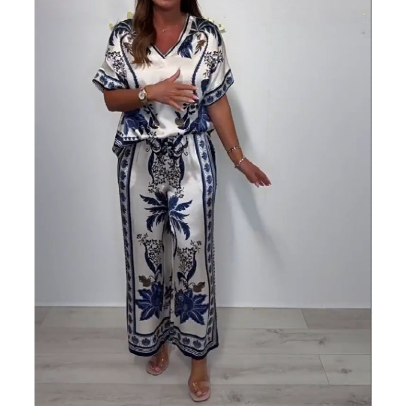 Kanella - Top Casual Con Scollo a V e Pantaloni Larghi