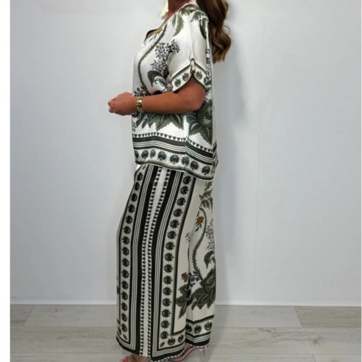 Kanella - Top Casual Con Scollo a V e Pantaloni Larghi