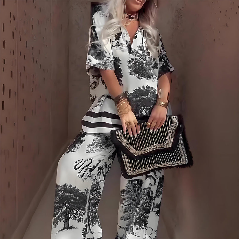 Dulcina - Top Stampato Con Scollo a V e Pantaloni Larghi Abbinati