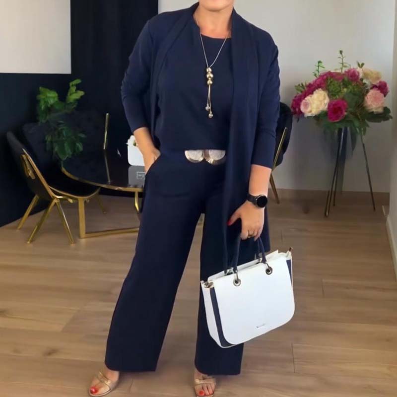 Dorren - Elegante Set Di 3 Pezzi Con Cardigan Lungo, Top e Pantaloni