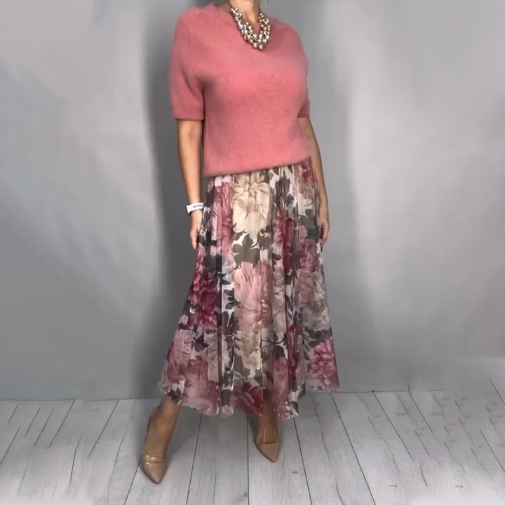 Nirosha - Elegante Top in Maglia a Motivi Floreali e Gonna Midi