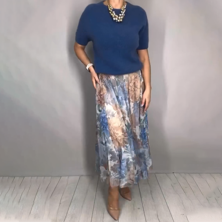 Nirosha - Elegante Top in Maglia a Motivi Floreali e Gonna Midi