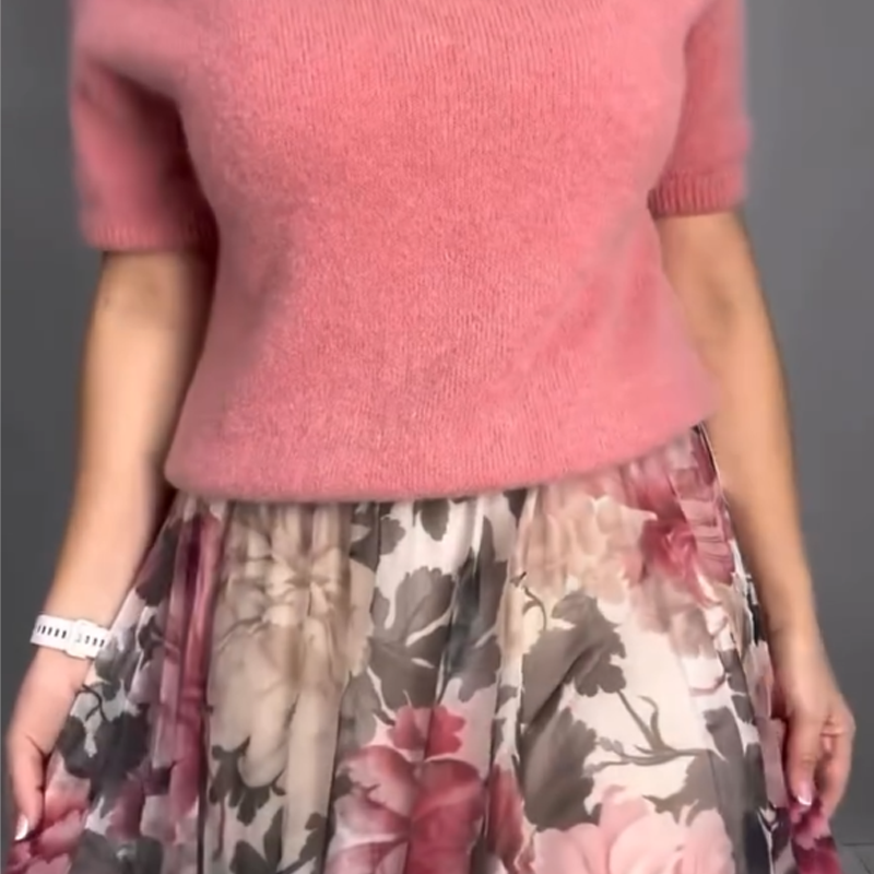 Nirosha - Elegante Top in Maglia a Motivi Floreali e Gonna Midi