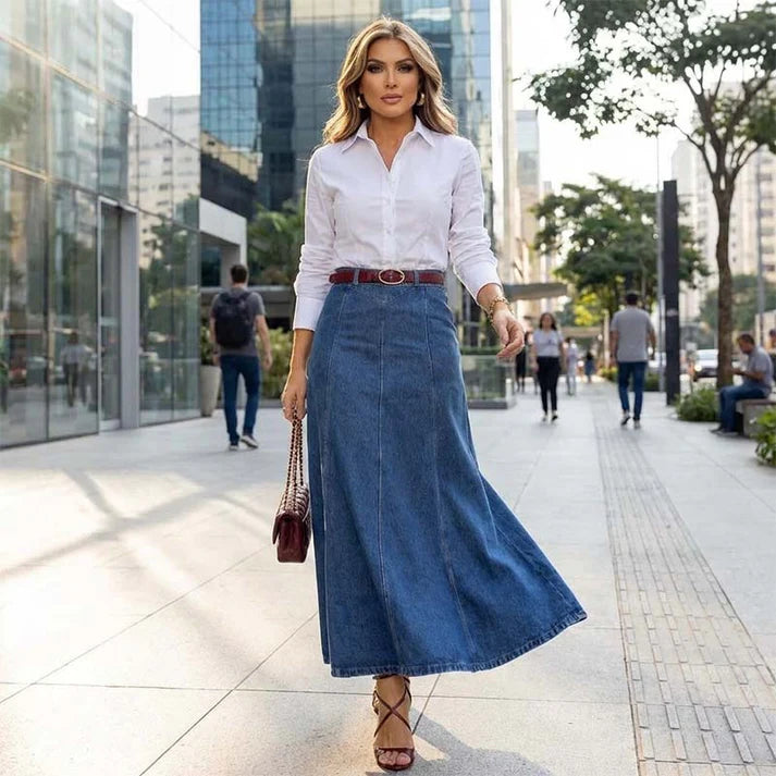Bimansa - Gonna Midi in Denim a Trapezio a Vita Alta