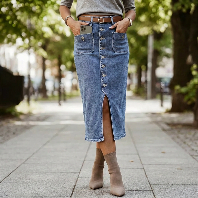 Ralisia - Gonna in Denim a Vita Alta Con Bottone