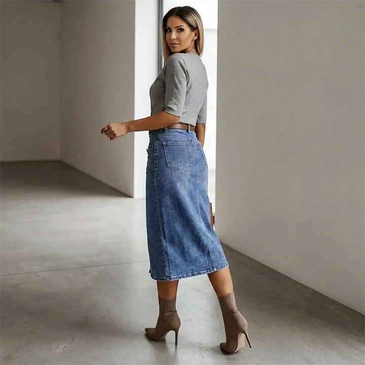 Ralisia - Gonna in Denim a Vita Alta Con Bottone