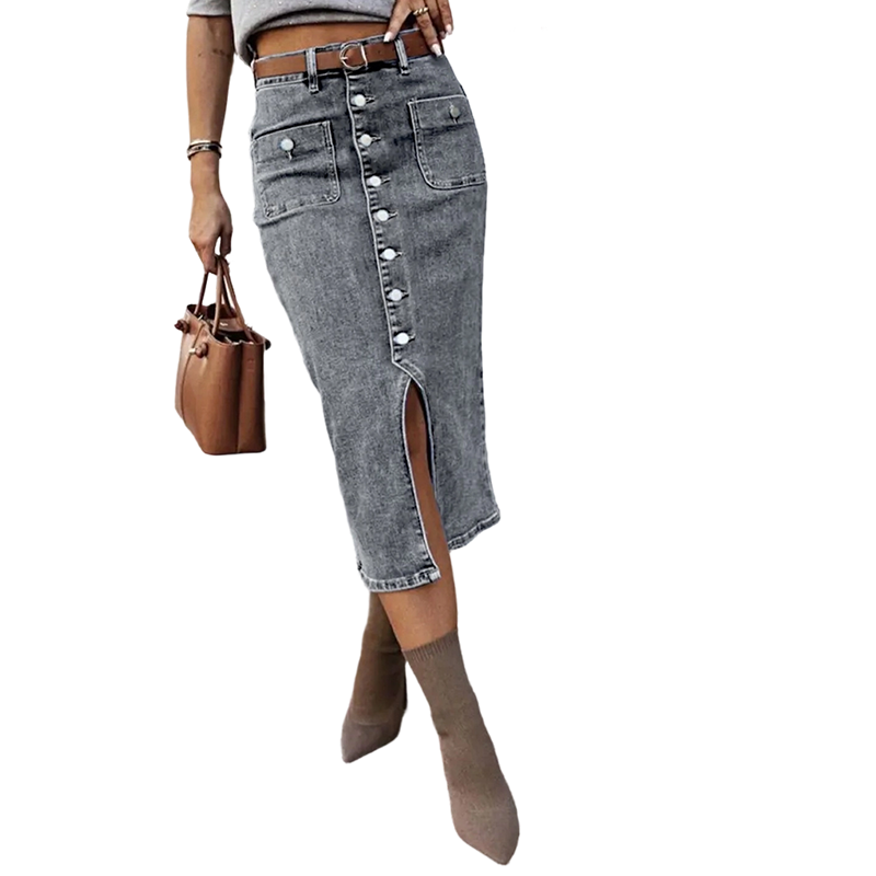 Ralisia - Gonna in Denim a Vita Alta Con Bottone
