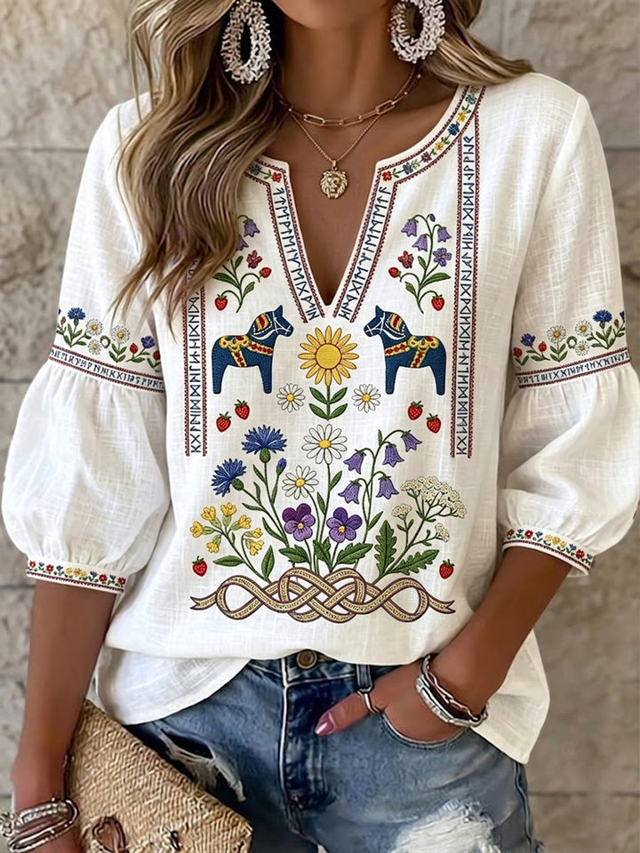 Nirilia - Top Floreale Con Scollo a V In Stile Vintage