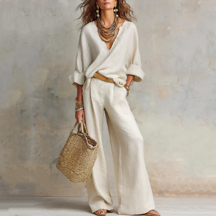 Ilaina - Set Composto Da Top Von Scollo a V e Pantaloni a Gamba Larga