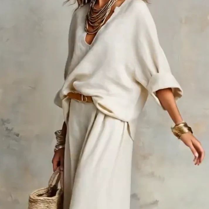 Ilaina - Set Composto Da Top Von Scollo a V e Pantaloni a Gamba Larga