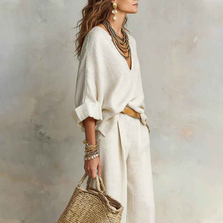Ilaina - Set Composto Da Top Von Scollo a V e Pantaloni a Gamba Larga