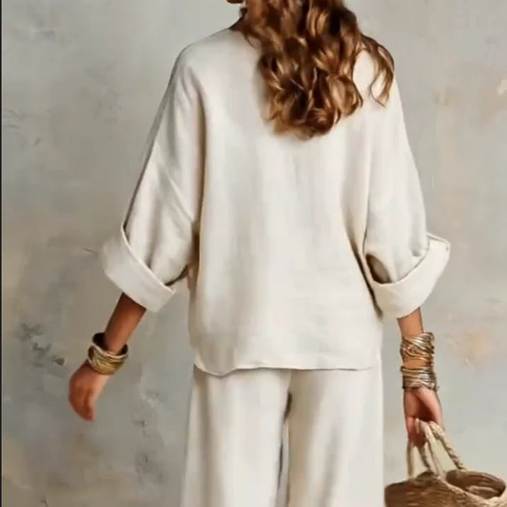 Ilaina - Set Composto Da Top Von Scollo a V e Pantaloni a Gamba Larga