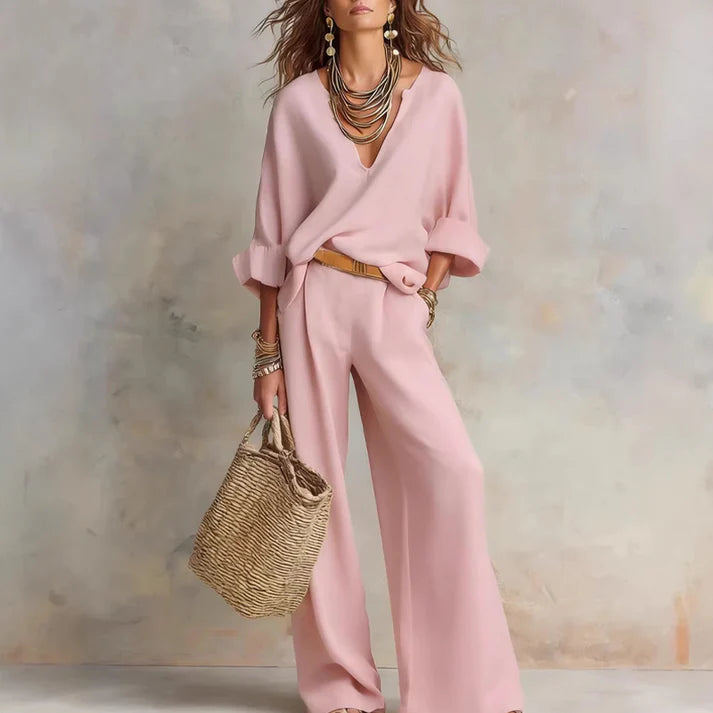 Ilaina - Set Composto Da Top Von Scollo a V e Pantaloni a Gamba Larga