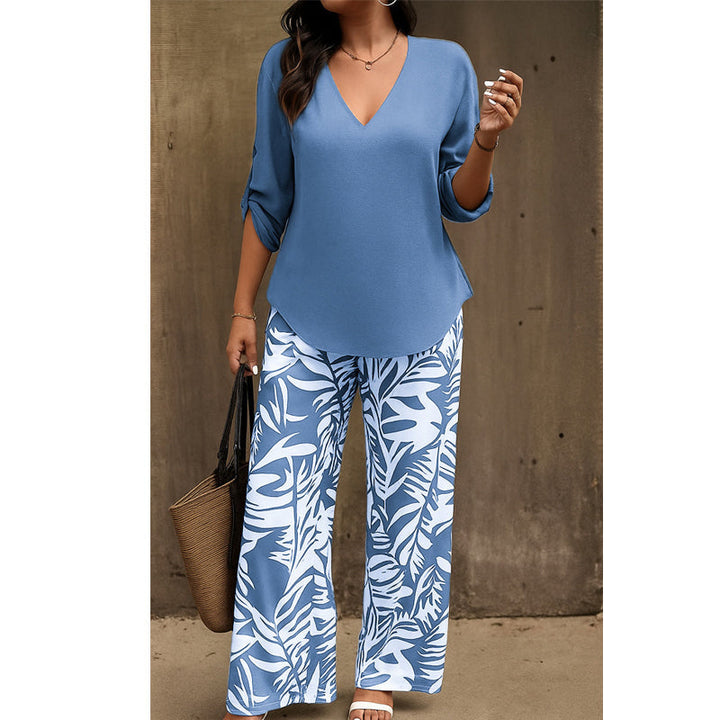Liwia - Elegante Completo Estivo Composto Da Una Camicetta Con Scollo a V E Pantaloni Stampati