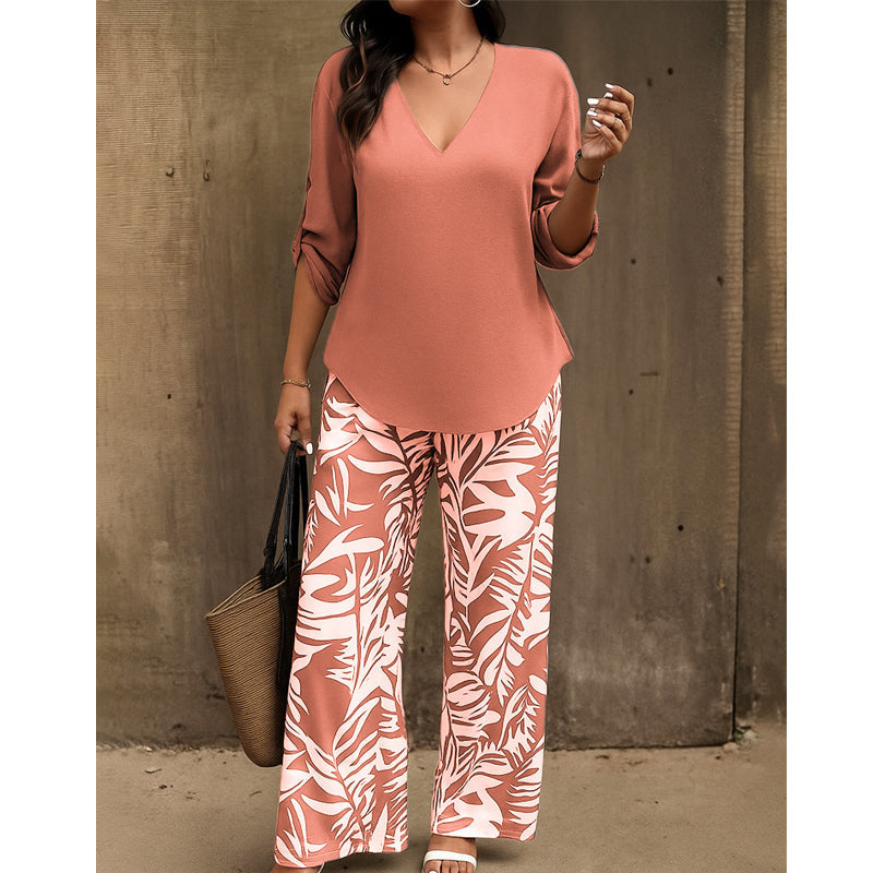 Liwia - Elegante Completo Estivo Composto Da Una Camicetta Con Scollo a V E Pantaloni Stampati
