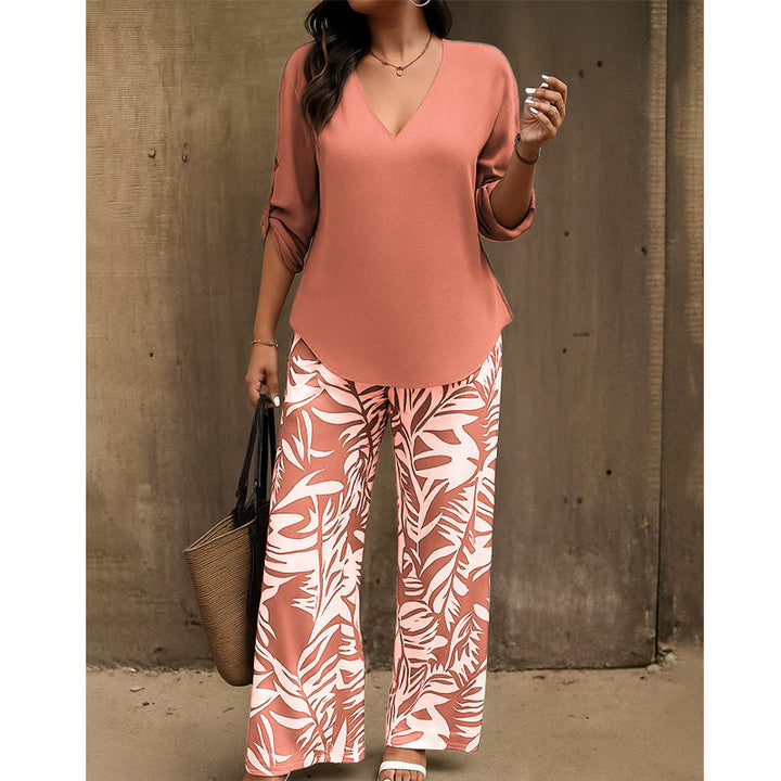 Liwia - Elegante Completo Estivo Composto Da Una Camicetta Con Scollo a V E Pantaloni Stampati