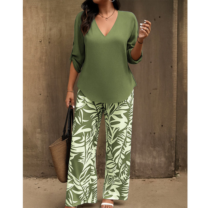 Liwia - Elegante Completo Estivo Composto Da Una Camicetta Con Scollo a V E Pantaloni Stampati