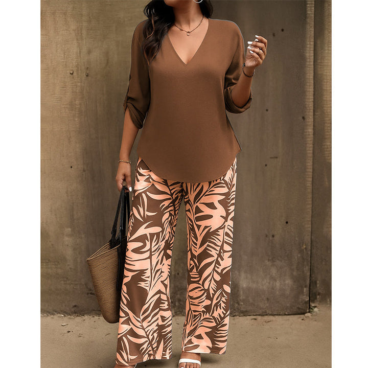 Liwia - Elegante Completo Estivo Composto Da Una Camicetta Con Scollo a V E Pantaloni Stampati