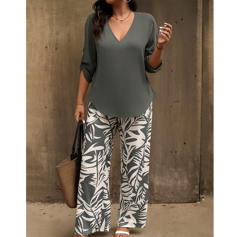 Liwia - Elegante Completo Estivo Composto Da Una Camicetta Con Scollo a V E Pantaloni Stampati