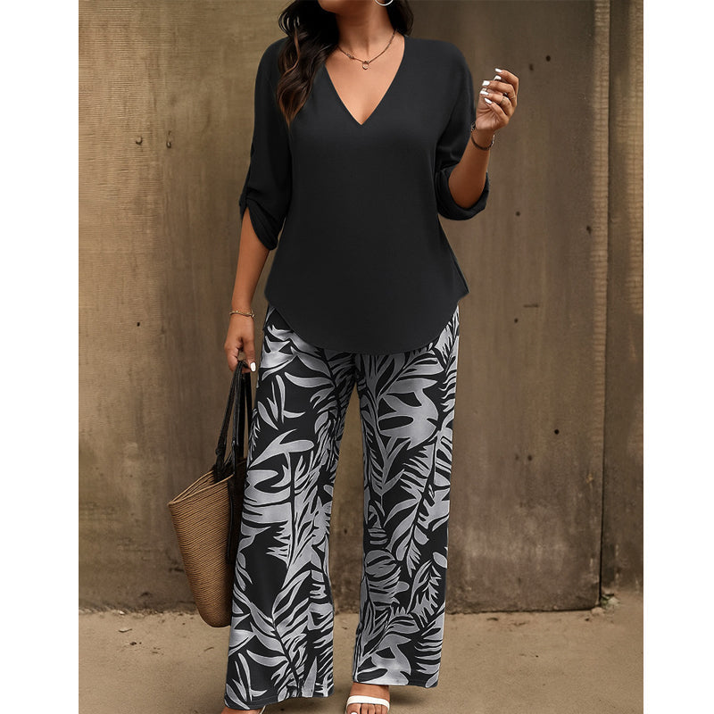 Liwia - Elegante Completo Estivo Composto Da Una Camicetta Con Scollo a V E Pantaloni Stampati