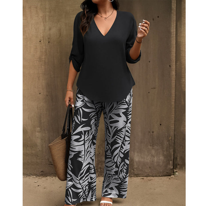 Liwia - Elegante Completo Estivo Composto Da Una Camicetta Con Scollo a V E Pantaloni Stampati