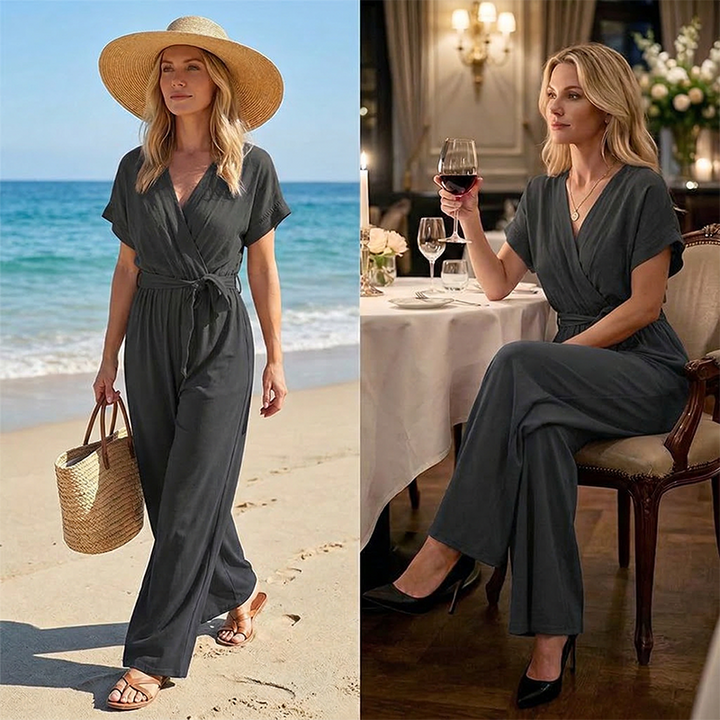 Meryem - Tuta Casual Con Scollo a V Cintura in Vita E Pantaloni a Gamba Larga