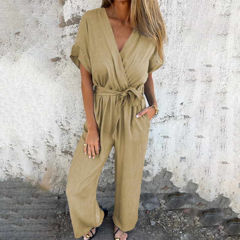 Meryem - Tuta Casual Con Scollo a V Cintura in Vita E Pantaloni a Gamba Larga