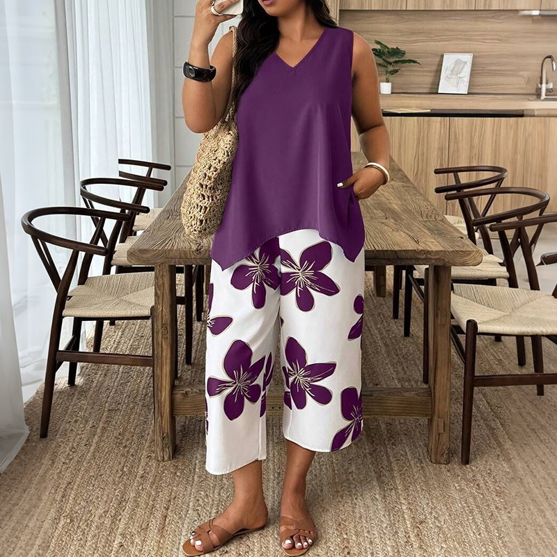 Aniza - Top Asimmetrico e Pantaloni Capri a Fantasia Floreale