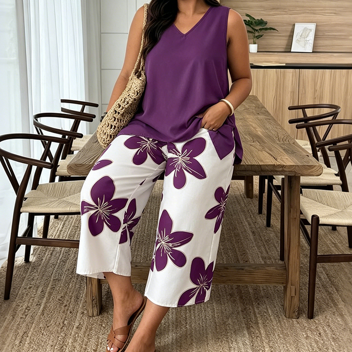 Aniza - Top Asimmetrico e Pantaloni Capri a Fantasia Floreale